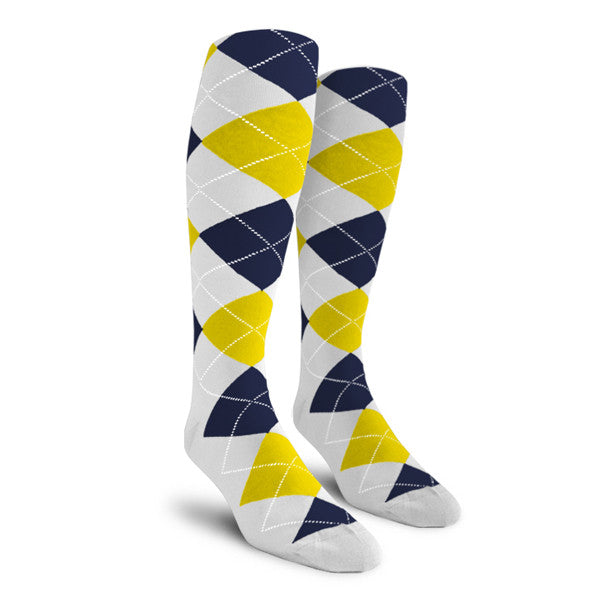 Golf Knickers: Ladies Over-The-Calf Argyle Socks - White/Yellow/Navy