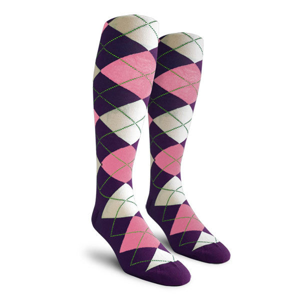 Golf Knickers: Ladies Over-The-Calf Argyle Socks - Purple/Pink/White