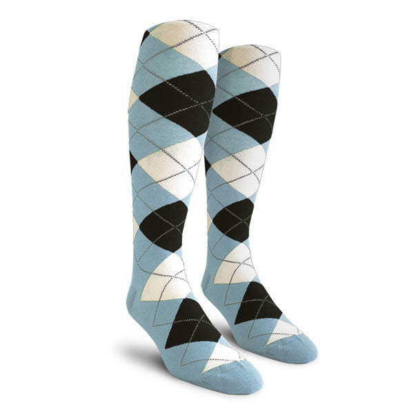 Golf Knickers: Ladies Over-The-Calf Argyle Socks - Light Blue/Black/White