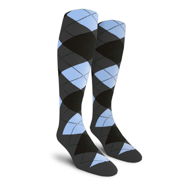 Golf Knickers: Ladies Over-The-Calf Argyle Socks - Charcoal/Black/Light Blue