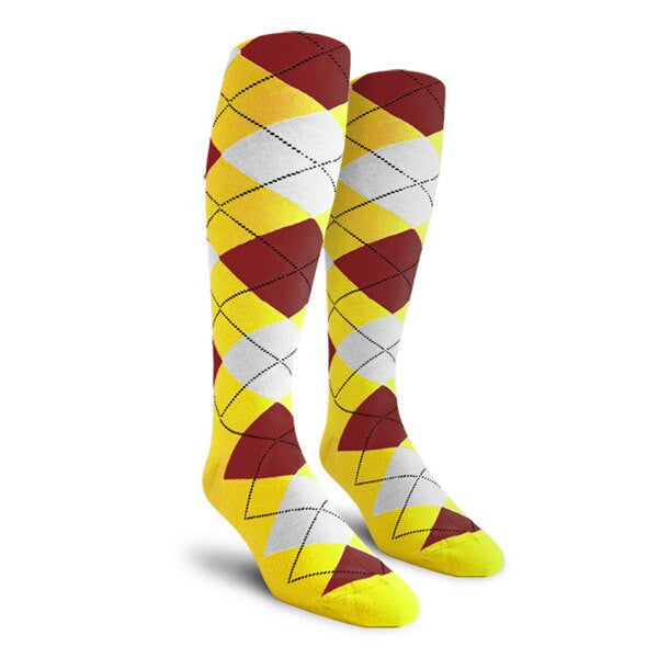 Golf Knickers: Ladies Over-The-Calf Argyle Socks - Yellow/Maroon/White