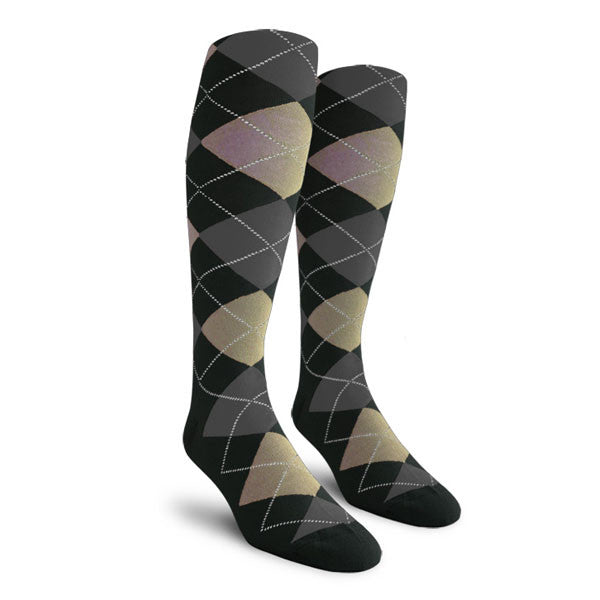 Golf Knickers: Ladies Over-The-Calf Argyle Socks - Black/Taupe/Charcoal