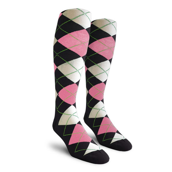 Golf Knickers: Ladies Over-The-Calf Argyle Socks - Black/Pink/White