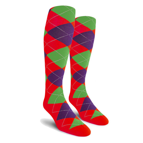 Golf Knickers: Ladies Over-The-Calf Argyle Socks - Red/Purple/Lime