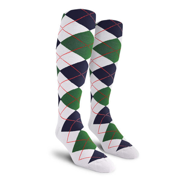 Golf Knickers: Ladies Over-The-Calf Argyle Socks - White/Dark Green/Navy