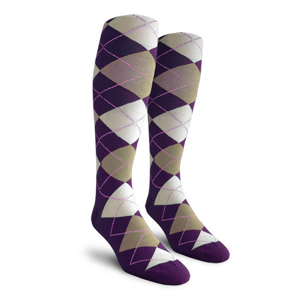 Golf Knickers: Ladies Over-The-Calf Argyle Socks - Purple/Taupe/White