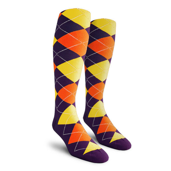 Golf Knickers: Ladies Over-The-Calf Argyle Socks - Purple/Orange/Yellow