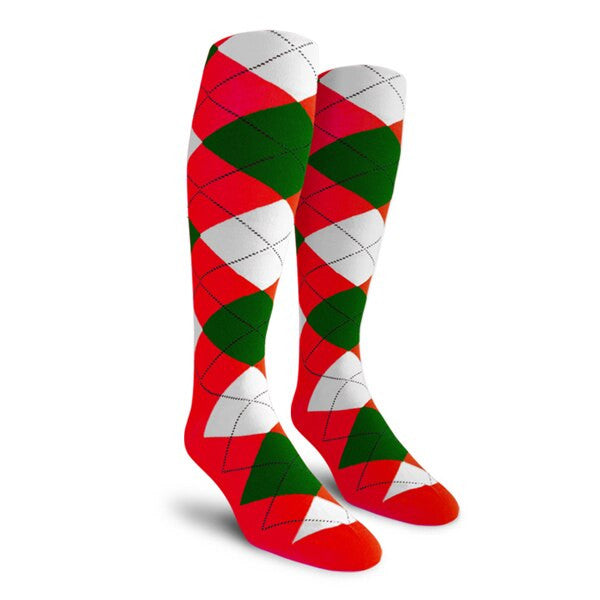 Golf Knickers: Ladies Over-The-Calf Argyle Socks - Red/Dark Green/White