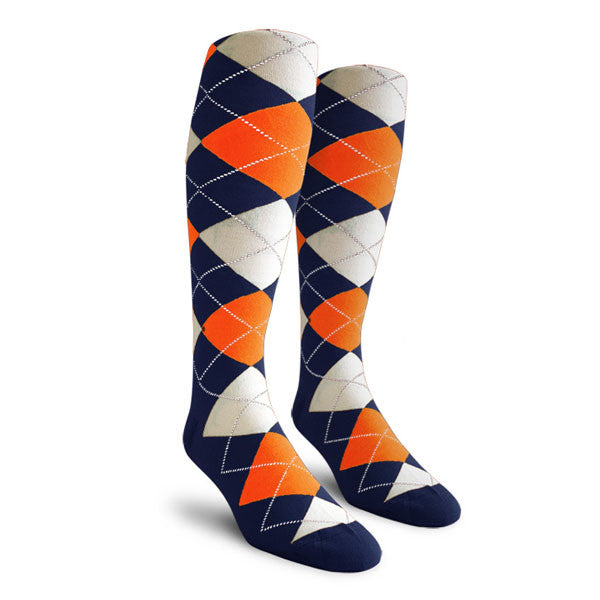 Golf Knickers: Ladies Over-The-Calf Argyle Socks - Navy/Orange/White