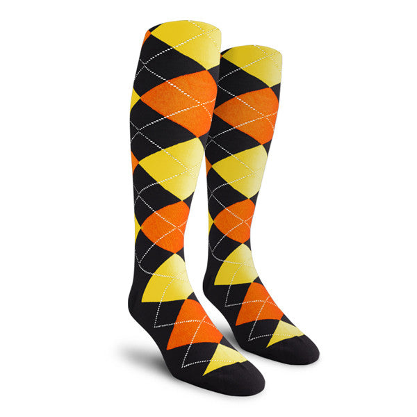 Golf Knickers: Men's Over-The-Calf Argyle Socks - Black/Orange/Yellow