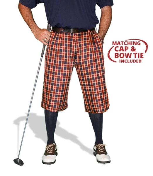 red, navy, gold plaid golf knickers
