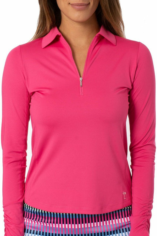 Golftini: Women's Long Sleeve Breathable Panel Zip Tech Polo - Hot Pink