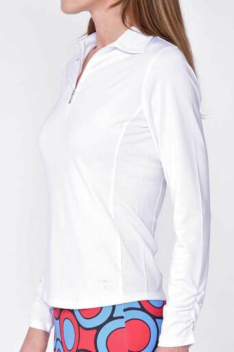 Golftini: Women's Long Sleeve Breathable Panel Zip Tech Polo - White (Size: Medium) SALE