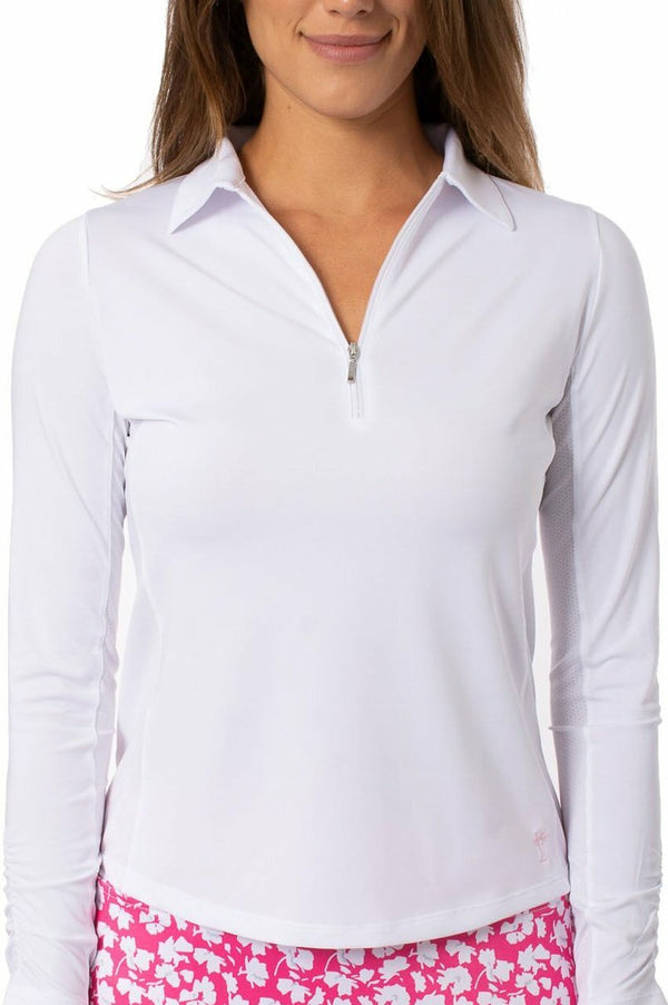 Golftini: Women's Long Sleeve Breathable Panel Zip Tech Polo - White
