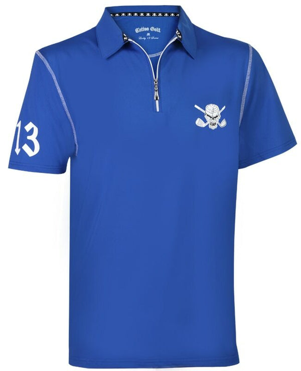 Tattoo Golf: Men's Polo Golf Shirt - Lucky 13/Red Line Hybrid Performance (Blue/White)
