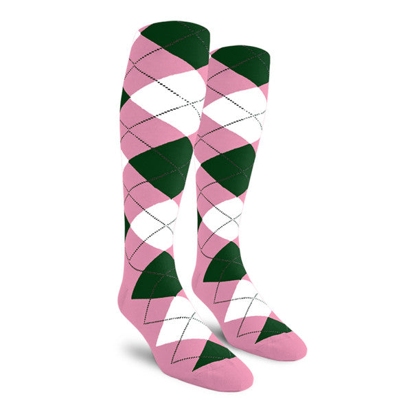 Golf Knickers: Ladies Over-The-Calf Argyle Socks - Pink/White/Dark Green