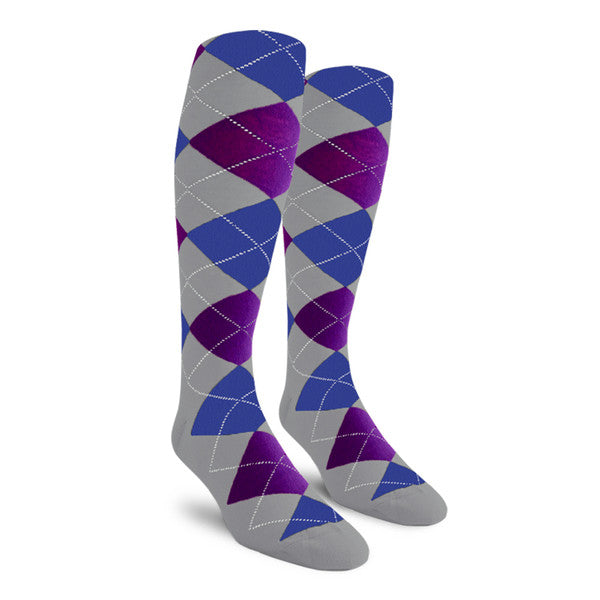 Golf Knickers: Ladies Over-The-Calf Argyle Socks - Taupe/Purple/Royal