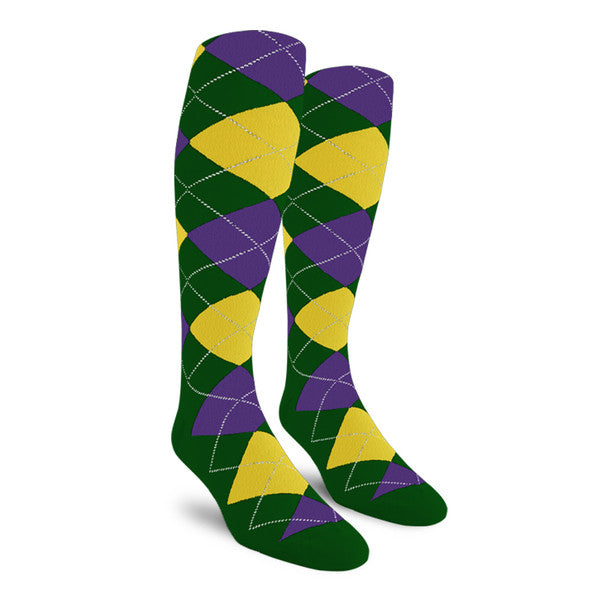Golf Knickers: Ladies Over-The-Calf Argyle Socks - Dark Green/Yellow/Purple