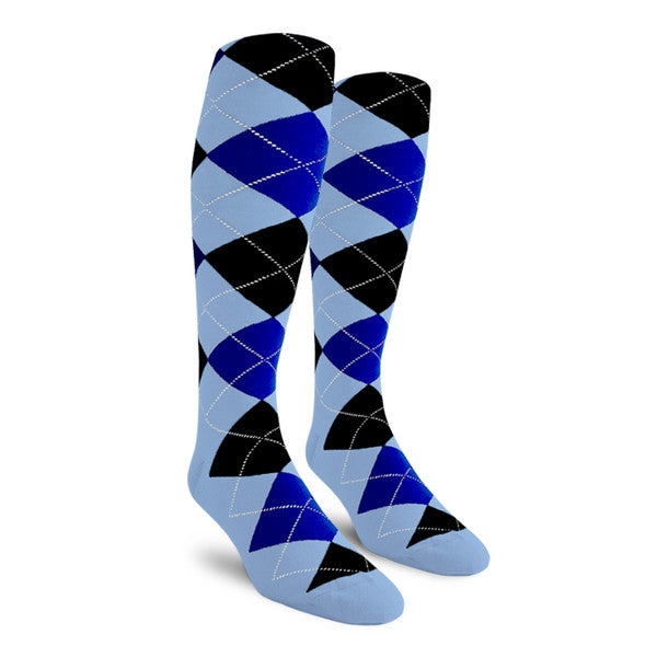Golf Knickers: Ladies Over-The-Calf Argyle Socks - Light Blue/Royal/Black