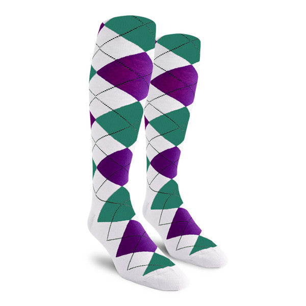 Golf Knickers: Ladies Over-The-Calf Argyle Socks - White/Purple/Teal