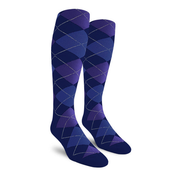 Golf Knickers: Ladies Over-The-Calf Argyle Socks - Navy/Royal/Purple
