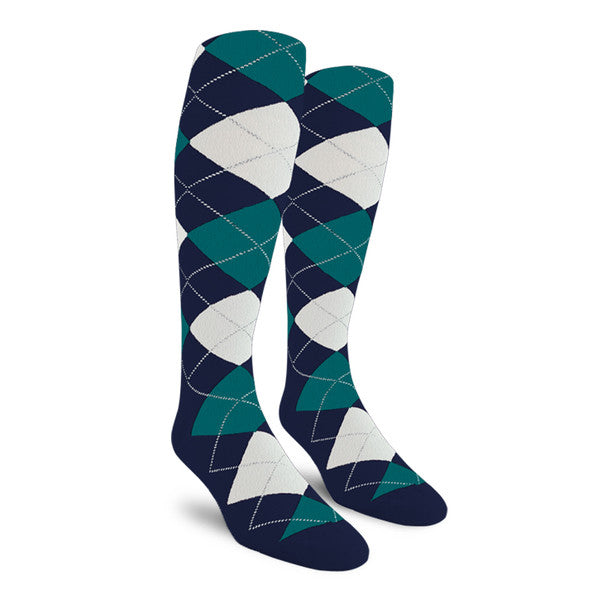 Golf Knickers: Ladies Over-The-Calf Argyle Socks - Navy/White/Teal