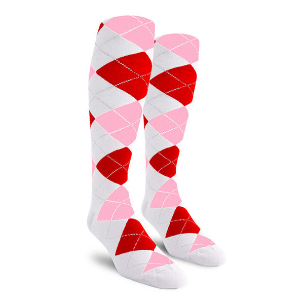 Golf Knickers: Ladies Over-The-Calf Argyle Socks - White/Pink/Red