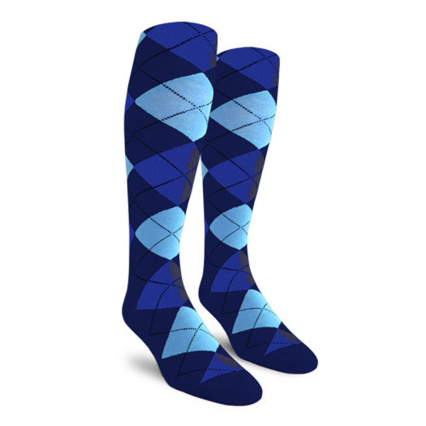 Golf Knickers: Ladies Over-The-Calf Argyle Socks - Navy/Royal/Light Blue