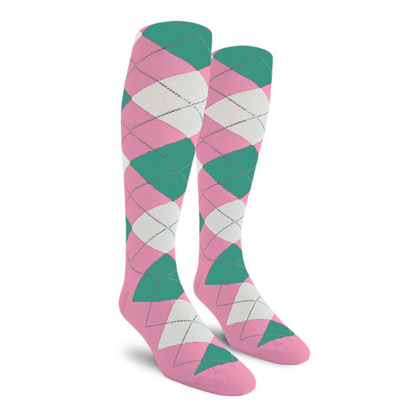 Golf Knickers: Ladies Over-The-Calf Argyle Socks - Pink/White/Teal