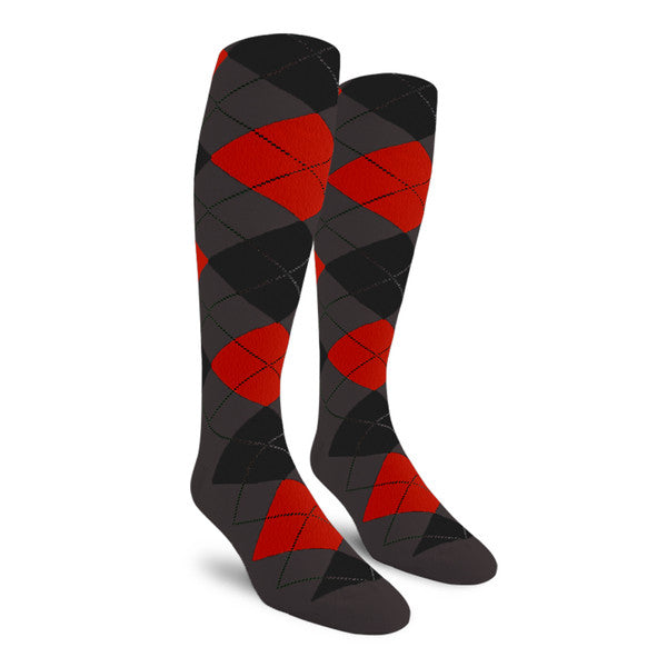 Golf Knickers: Ladies Over-The-Calf Argyle Socks - Charcoal/Black/Red