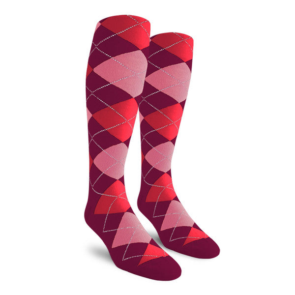 Golf Knickers: Ladies Over-The-Calf Argyle Socks - Maroon/Pink/Red