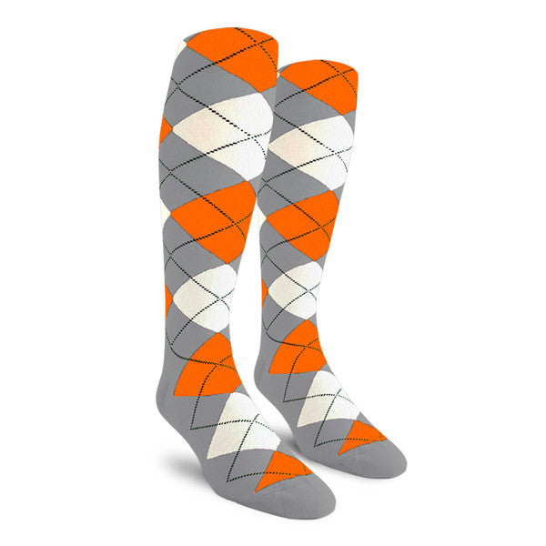 Golf Knickers: Ladies Over-The-Calf Argyle Socks - Taupe/Orange/White