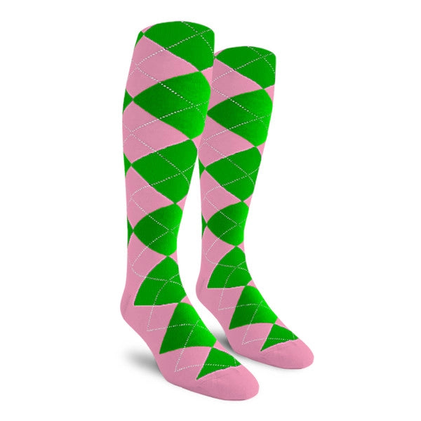 Golf Knickers: Ladies Over-The-Calf Argyle Socks - Pink/Lime