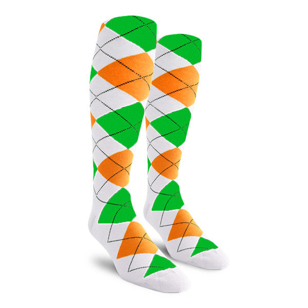 Golf Knickers: Ladies Over-The-Calf Argyle Socks - White/Orange/Lime