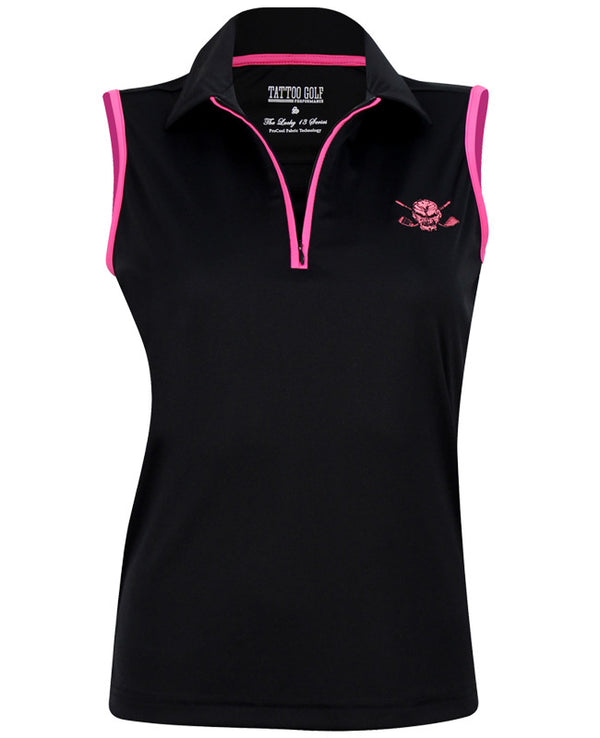 Tattoo Golf: Women's Sleeveless Lucky 13 ProCool Golf Shirt - Black/Pink