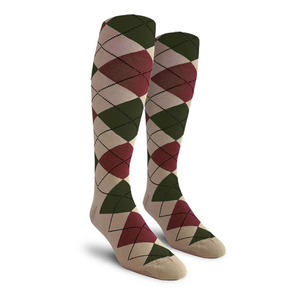 Golf Knickers: Ladies Over-The-Calf Argyle Socks - Taupe/Maroon/Olive