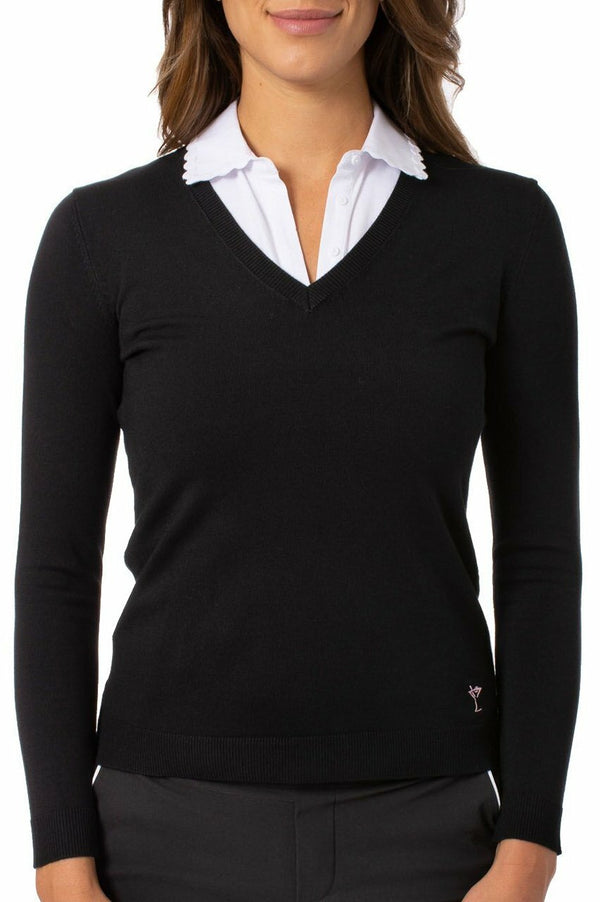 Golftini: Women's Long Sleeve V-Neck Sweater - Black