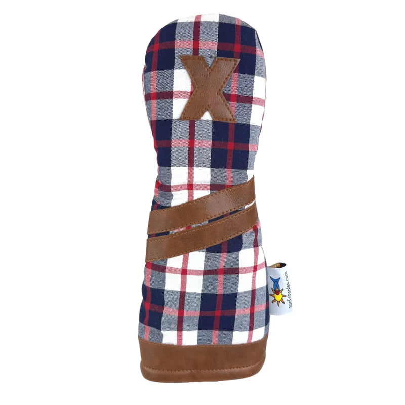 Sunfish: Headcover Set - Blue White Red Tartan Plaid Brown Leather