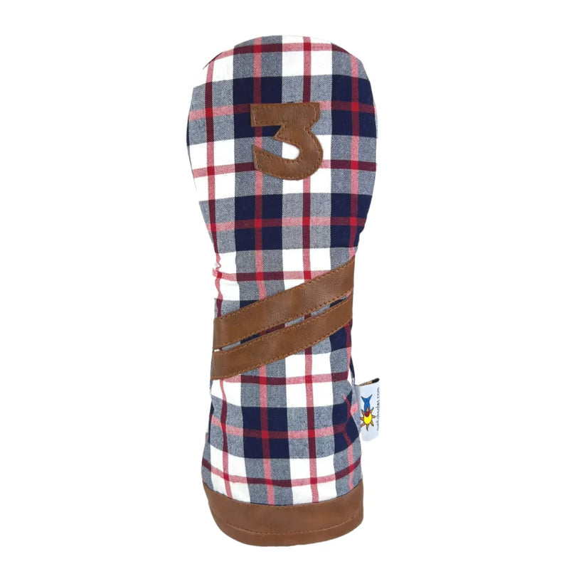 Sunfish: Headcover Set - Blue White Red Tartan Plaid Brown Leather